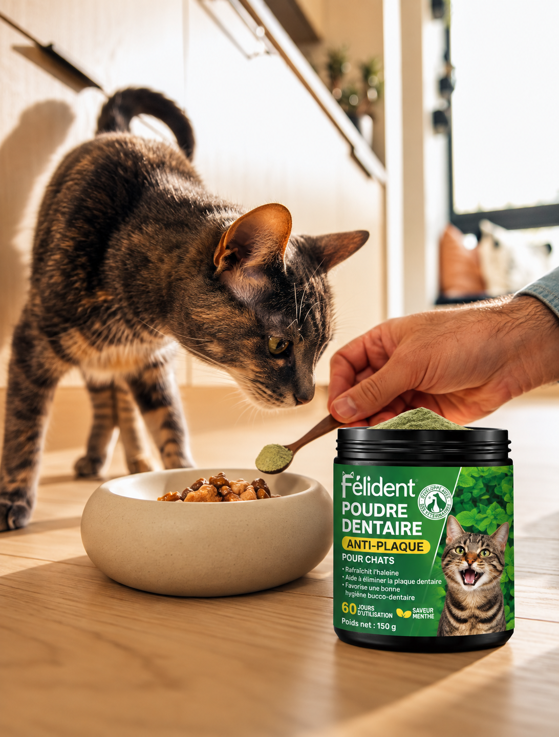 Chat qui mange pendant qu'on ajoute la poudre dentaire Félident à sa gamelle