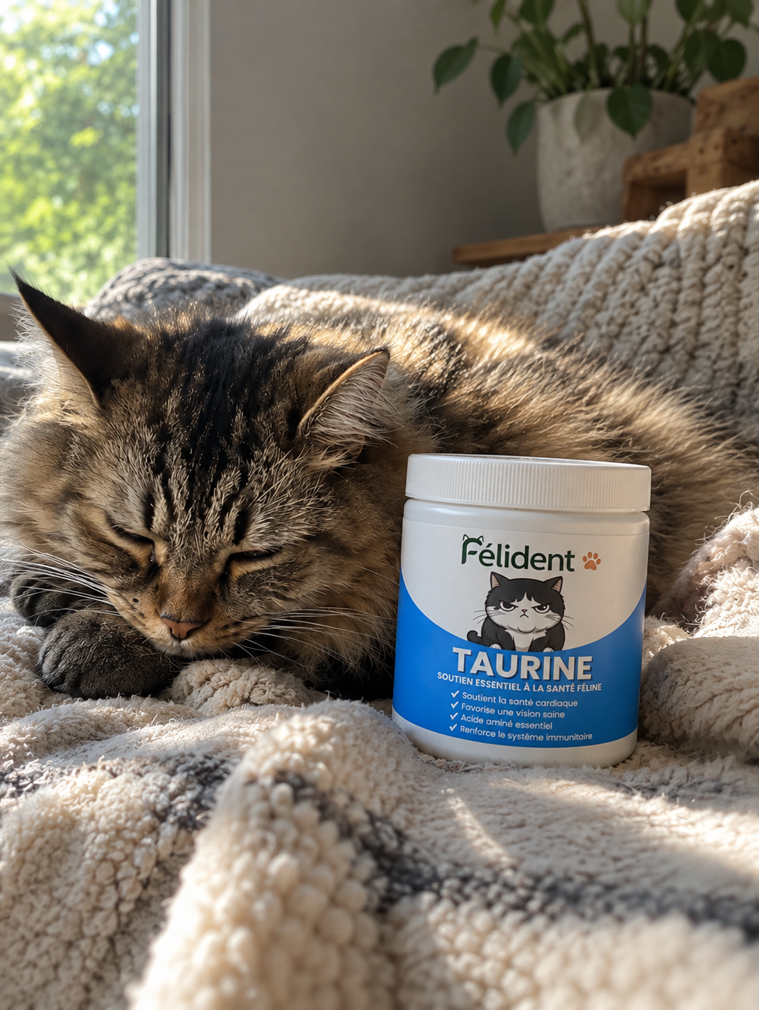 Chat tigré endormi près d'un pot de taurine Félident