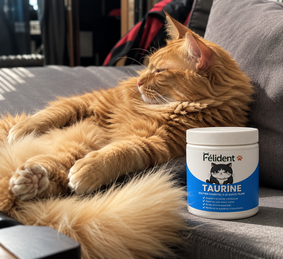 Chat roux couché à côté d'un pot de taurine Félident