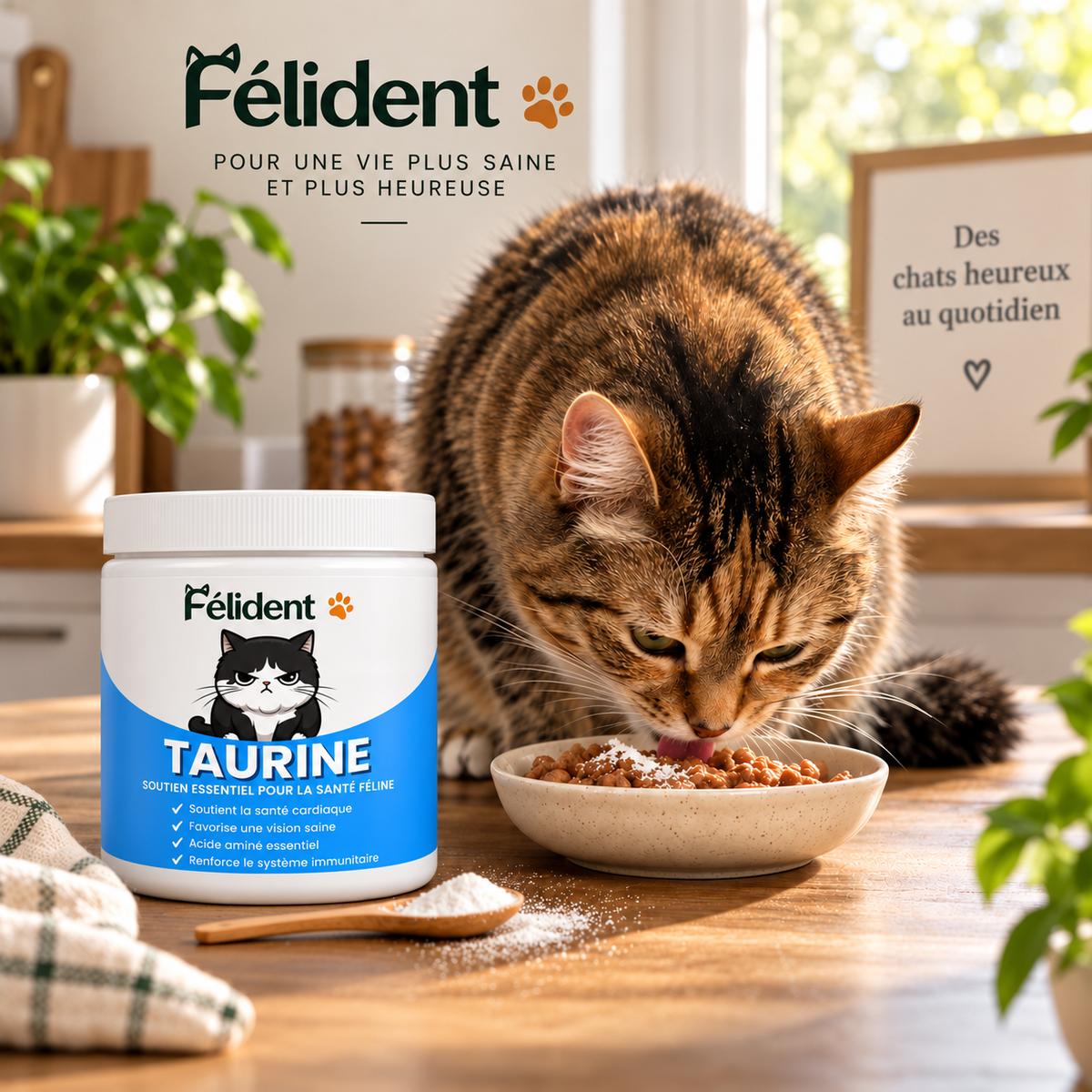 Chat qui mange à côté d'un pot de taurine Félident