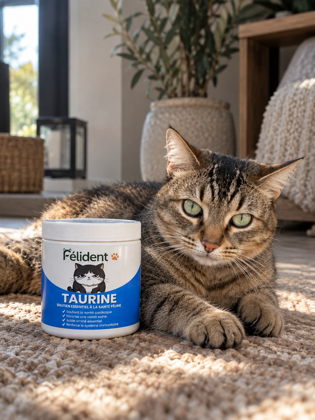 Chat tigré couché à côté d'un pot de taurine Félident